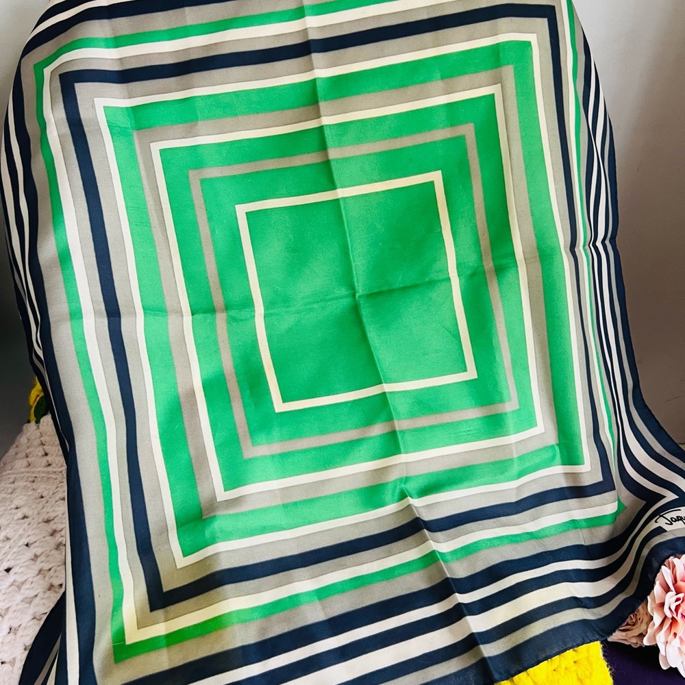 Jaques Piaget Vintage Green Geometric Pattern Scarf